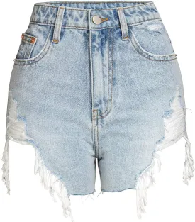 COMLIFE Women's Summer Holes Shorts Irregular Denim Shorts Tassels Denim Pants Mid Waisted Shorts