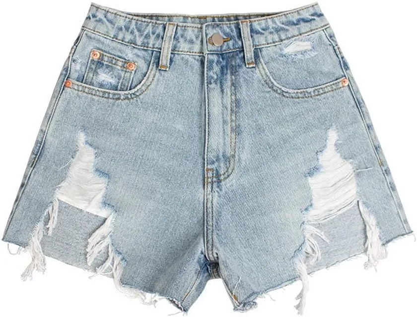 COMLIFE Women's Summer Holes Shorts Irregular Denim Shorts Tassels Denim Pants Mid Waisted Shorts