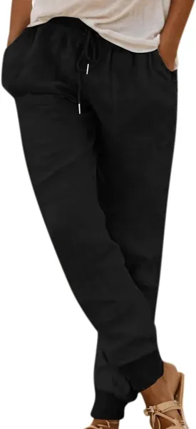 Cotton Linen Tapered Pants Women Summer Drawstring Back Elastic Waist Petite Pants Joggers Casual Beach Trousers with Pockets