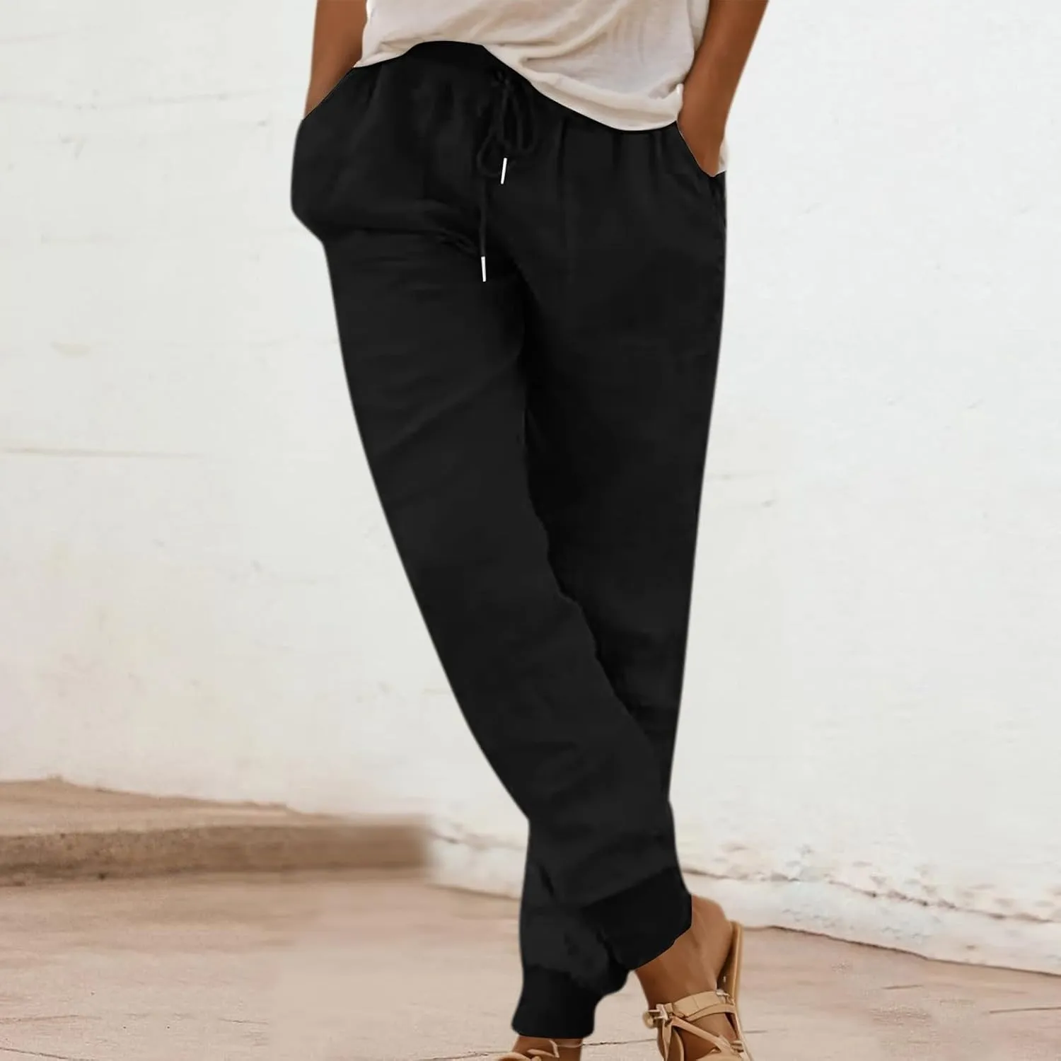 Cotton Linen Tapered Pants Women Summer Drawstring Back Elastic Waist Petite Pants Joggers Casual Beach Trousers with Pockets
