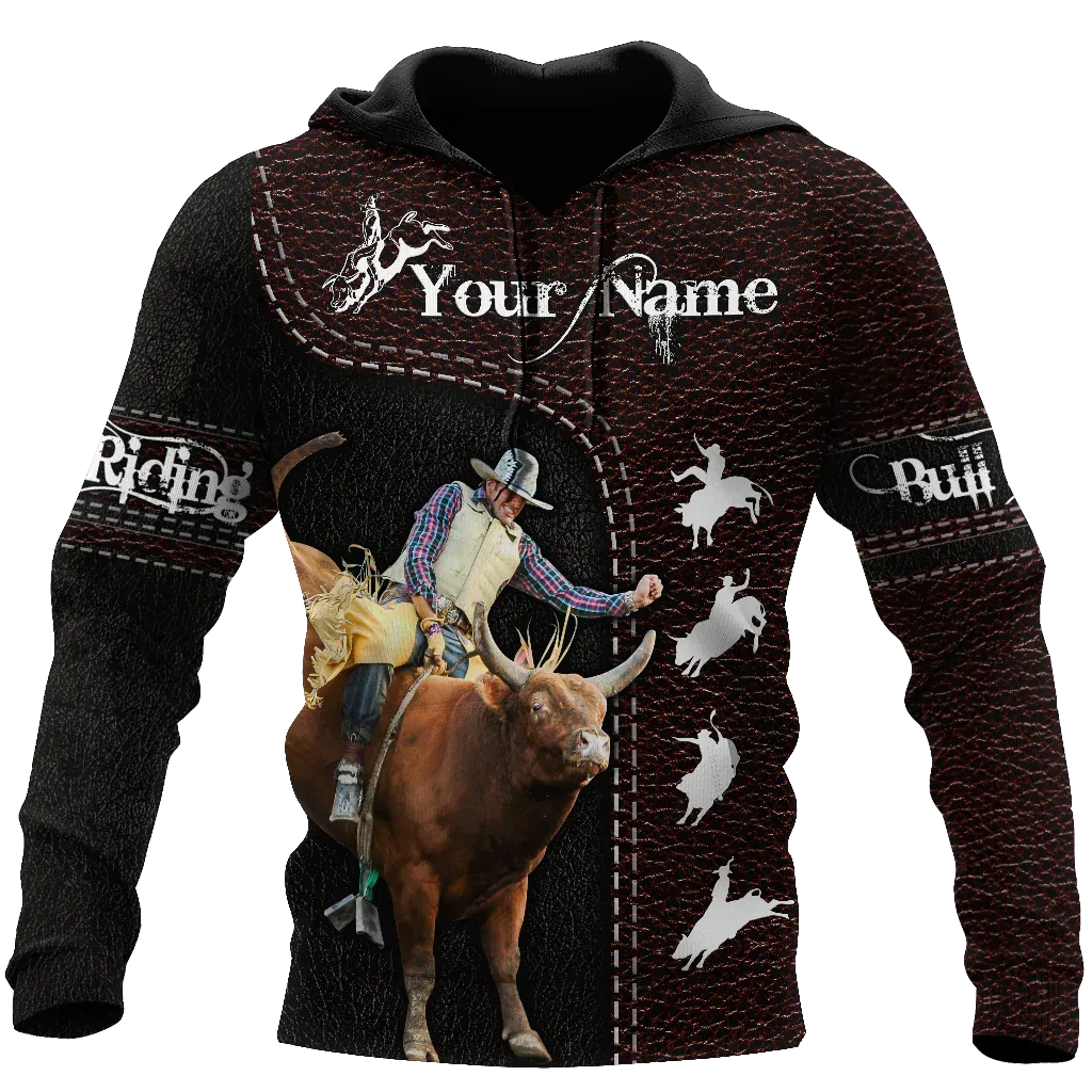Custom Name Bull Riding Hoodie, Cowboy Hoodie Leather Pattern, Cowboy Hoodie