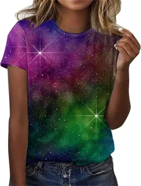 Cute Summer Tops for Women Galaxy Space Print Petite Shirts Casual Short Sleeve Crewneck Graphic Tees Blouses