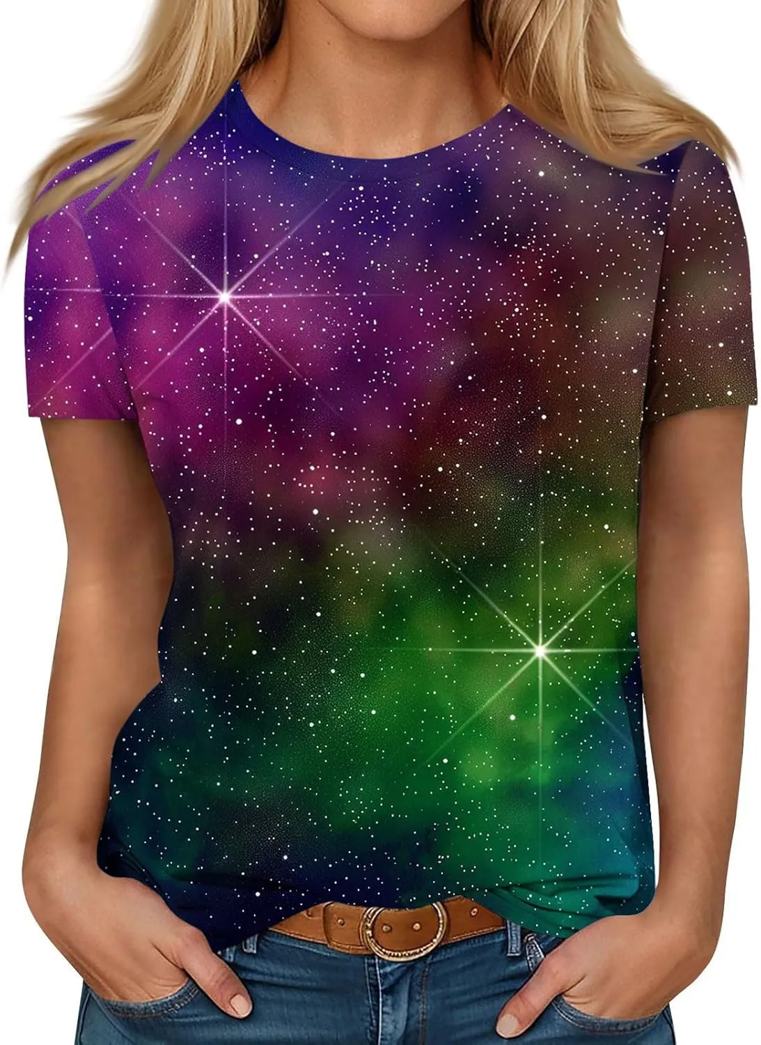 Cute Summer Tops for Women Galaxy Space Print Petite Shirts Casual Short Sleeve Crewneck Graphic Tees Blouses