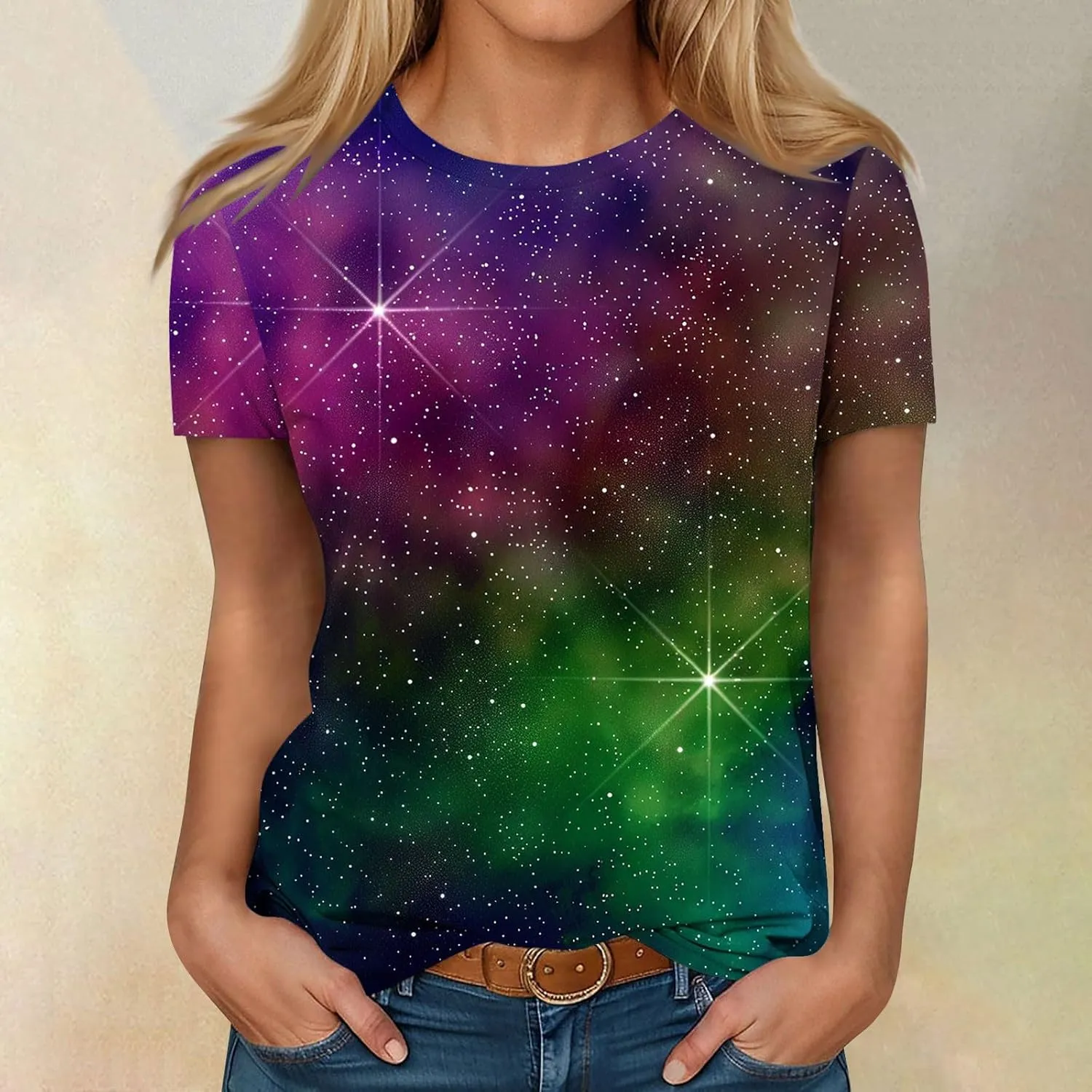 Cute Summer Tops for Women Galaxy Space Print Petite Shirts Casual Short Sleeve Crewneck Graphic Tees Blouses