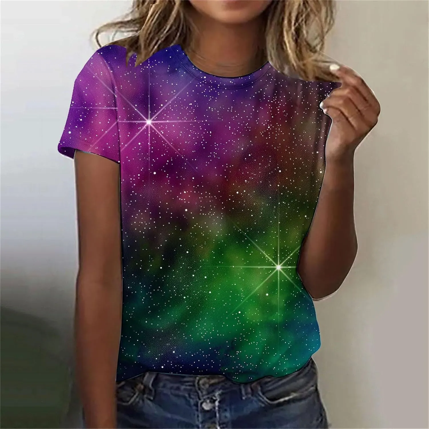 Cute Summer Tops for Women Galaxy Space Print Petite Shirts Casual Short Sleeve Crewneck Graphic Tees Blouses