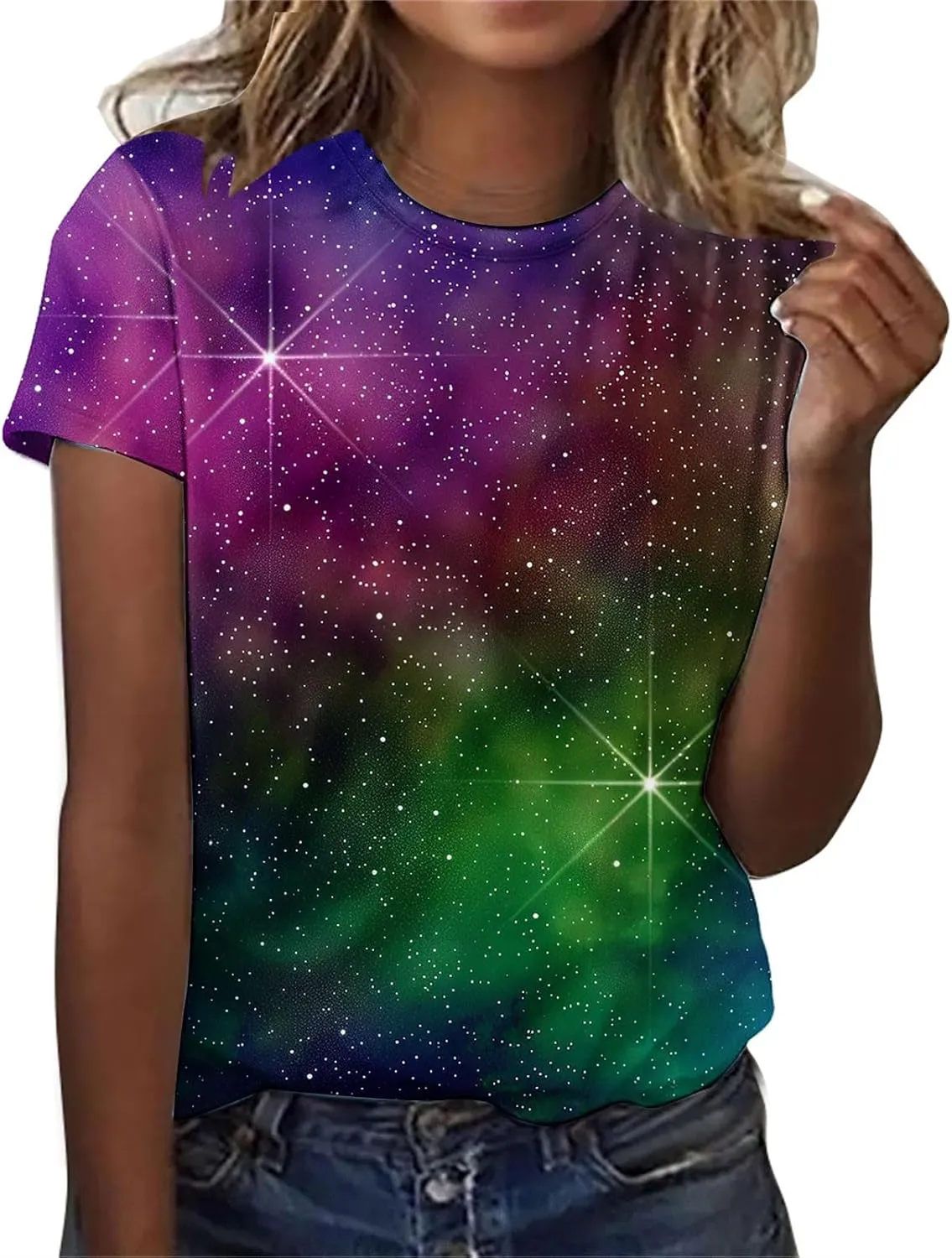 Cute Summer Tops for Women Galaxy Space Print Petite Shirts Casual Short Sleeve Crewneck Graphic Tees Blouses