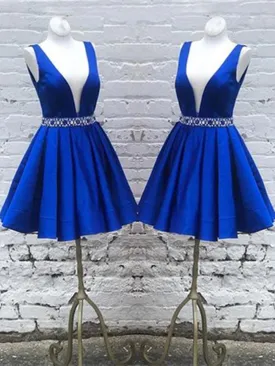 Deep V Neck Royal Blue Short Satin Prom Dresses, Royal Blue V Neck Short Formal Homecoming Dresses