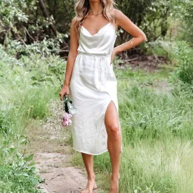 Dunnmall Satin in White Midi Dress