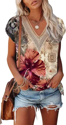 ETCYY Womens Summer Tops 2025 Trendy Casual Spring Striped Print Cute Petal V Neck Cap Short Sleeve Shirts