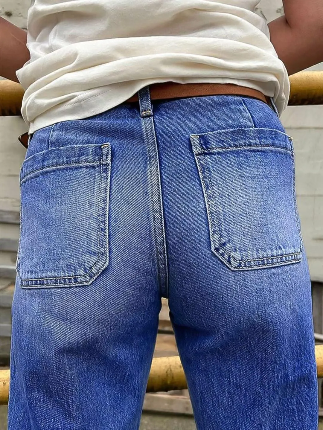Flamingals Straight Leg Jeans for Women Mid Rise Casual Wash Raw Hem Jeans Without Belt