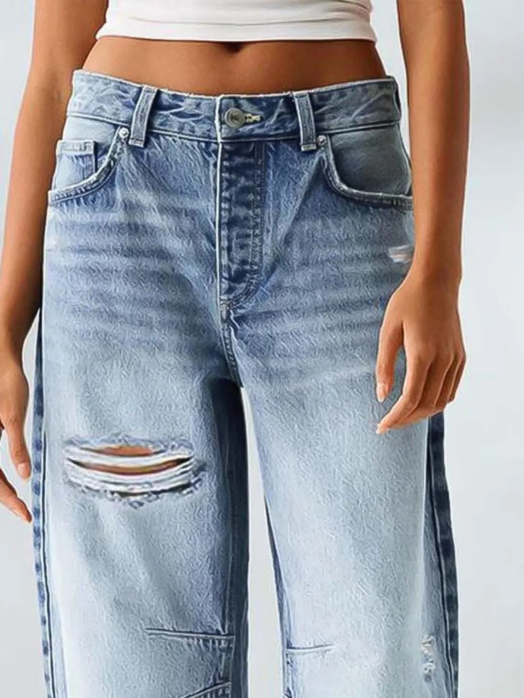 Flamingals Straight Leg Jeans for Women Ripped Raw Hem Mid Waisted Bootcut Jeans Without Belts