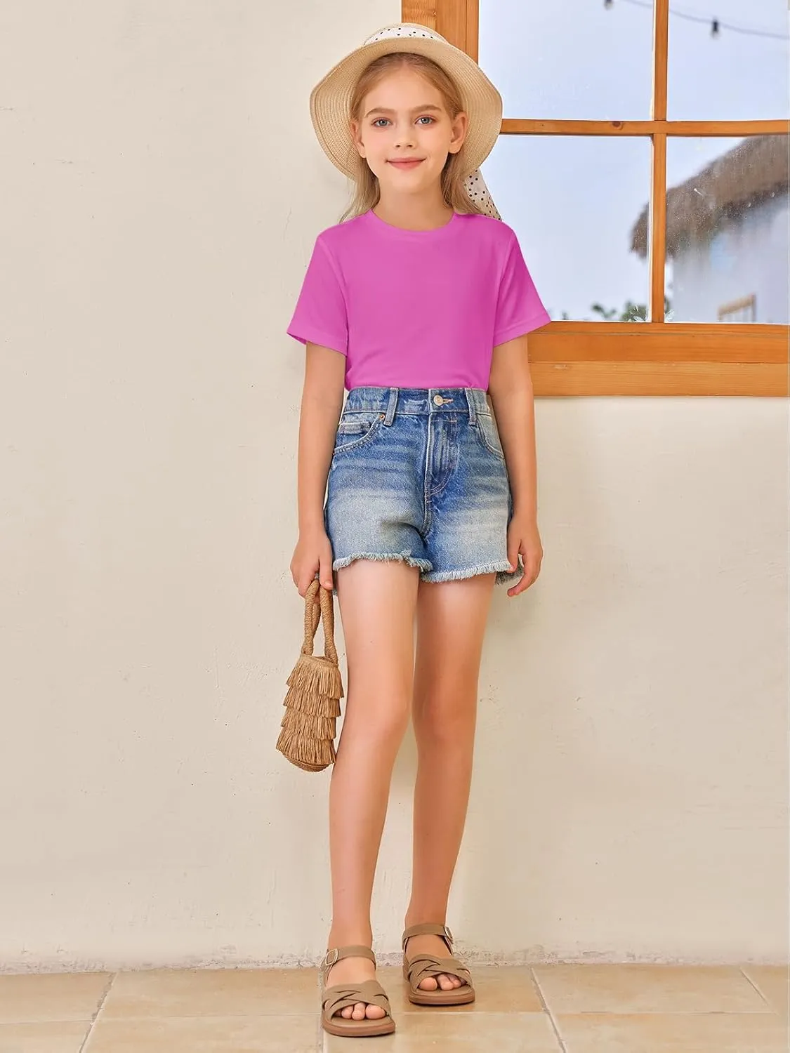 Girls Short Sleeve T Shirts Kids Summer Tops Crewneck Tees 5-14 Years