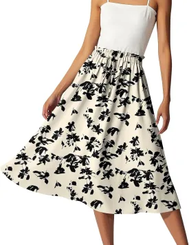 GOFULY Womens Skirts Midi Length Elastic Waist Casual Fall Floral Print A-Line Knee Skirts Drawstring Pleated Skirt