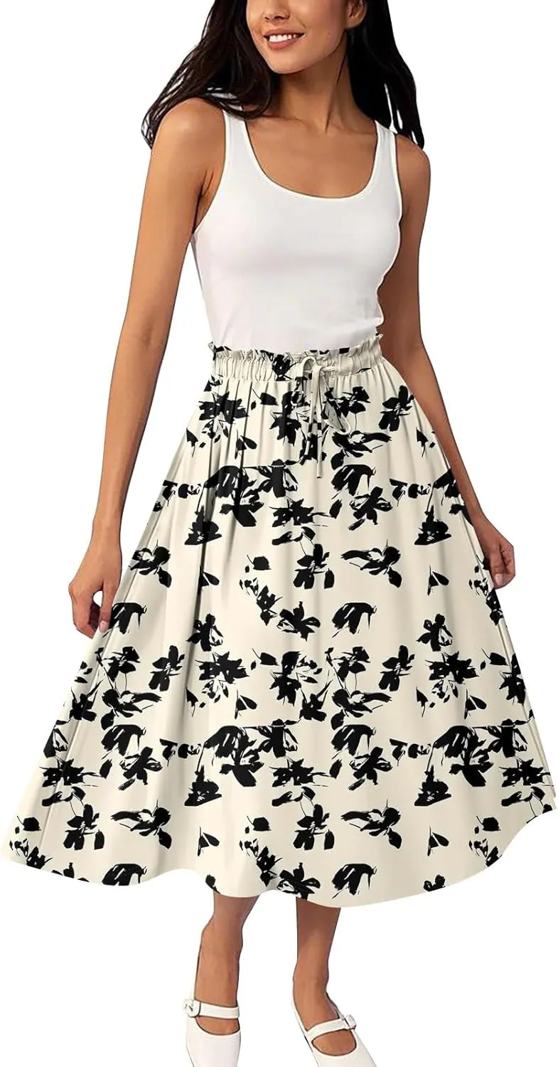 GOFULY Womens Skirts Midi Length Elastic Waist Casual Fall Floral Print A-Line Knee Skirts Drawstring Pleated Skirt