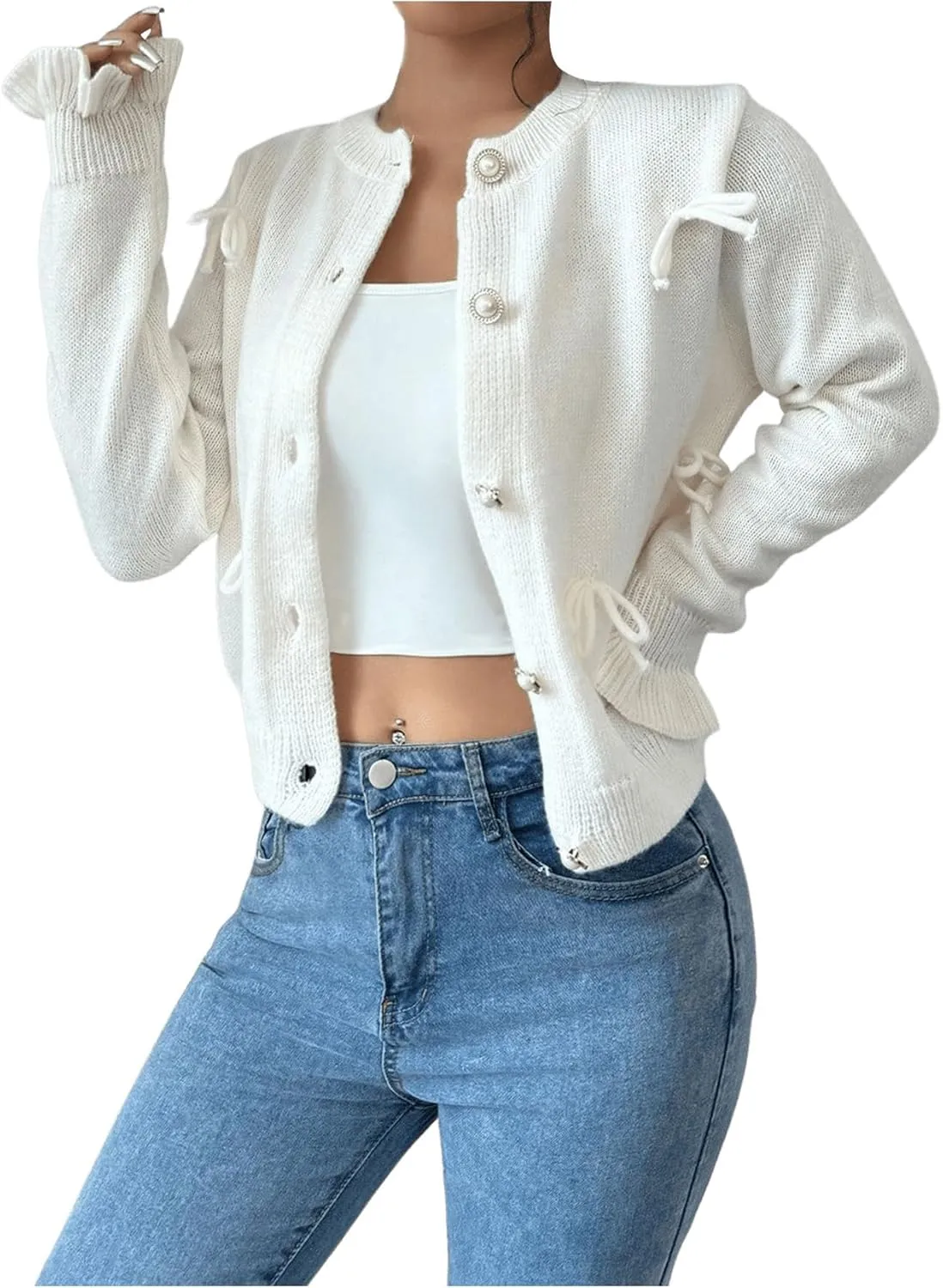 GORGLITTER Women's Bow Knot Lightweight Cardigan Dressy Long Sleeve Knit Tops Casual Color Block Button Front Sweater