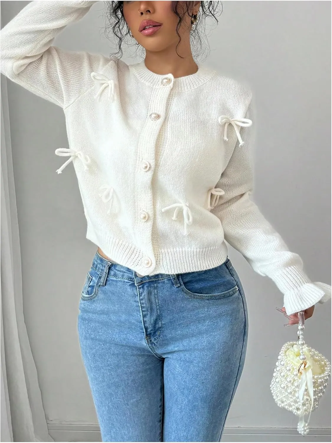 GORGLITTER Women's Bow Knot Lightweight Cardigan Dressy Long Sleeve Knit Tops Casual Color Block Button Front Sweater