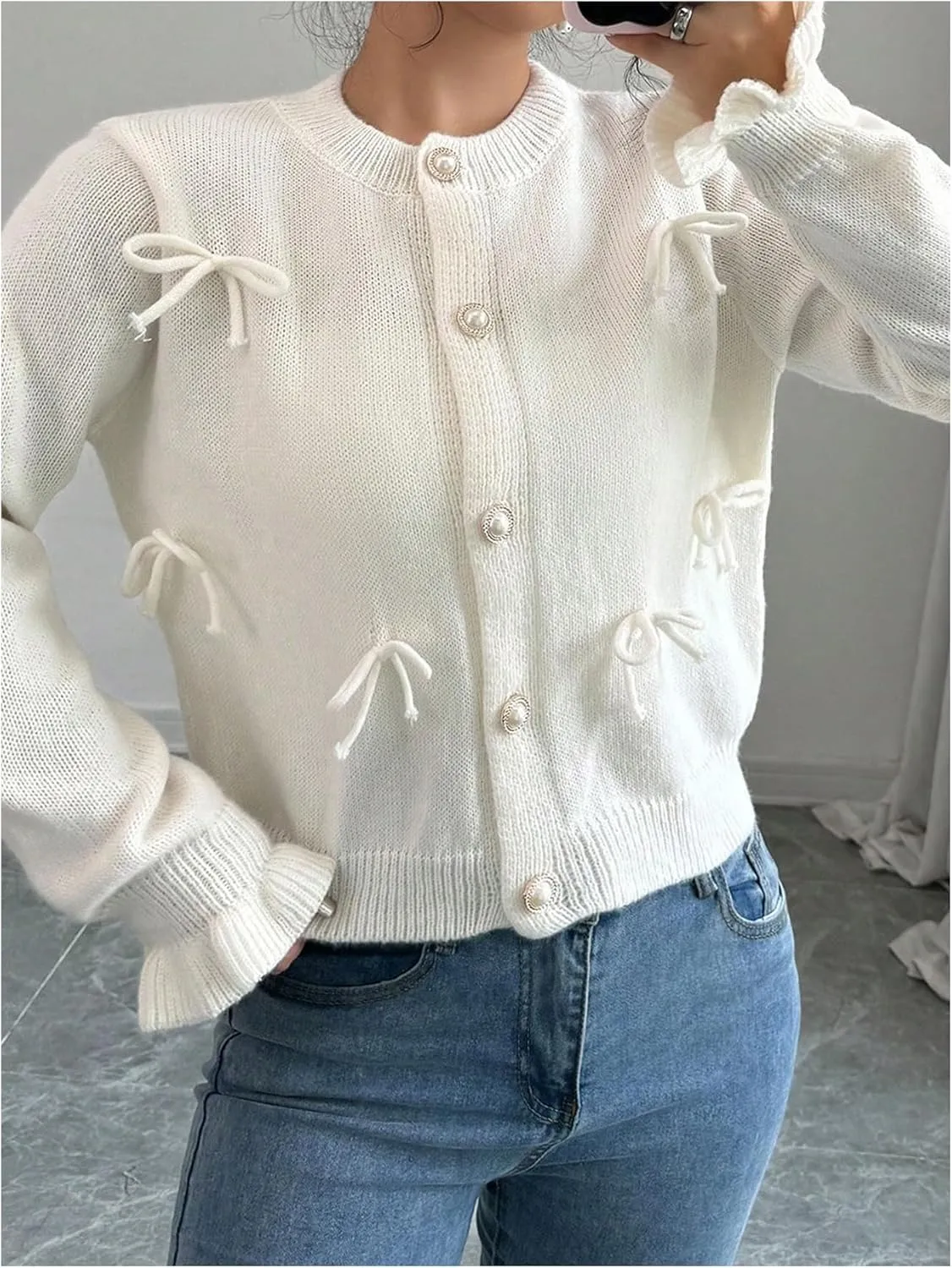 GORGLITTER Women's Bow Knot Lightweight Cardigan Dressy Long Sleeve Knit Tops Casual Color Block Button Front Sweater