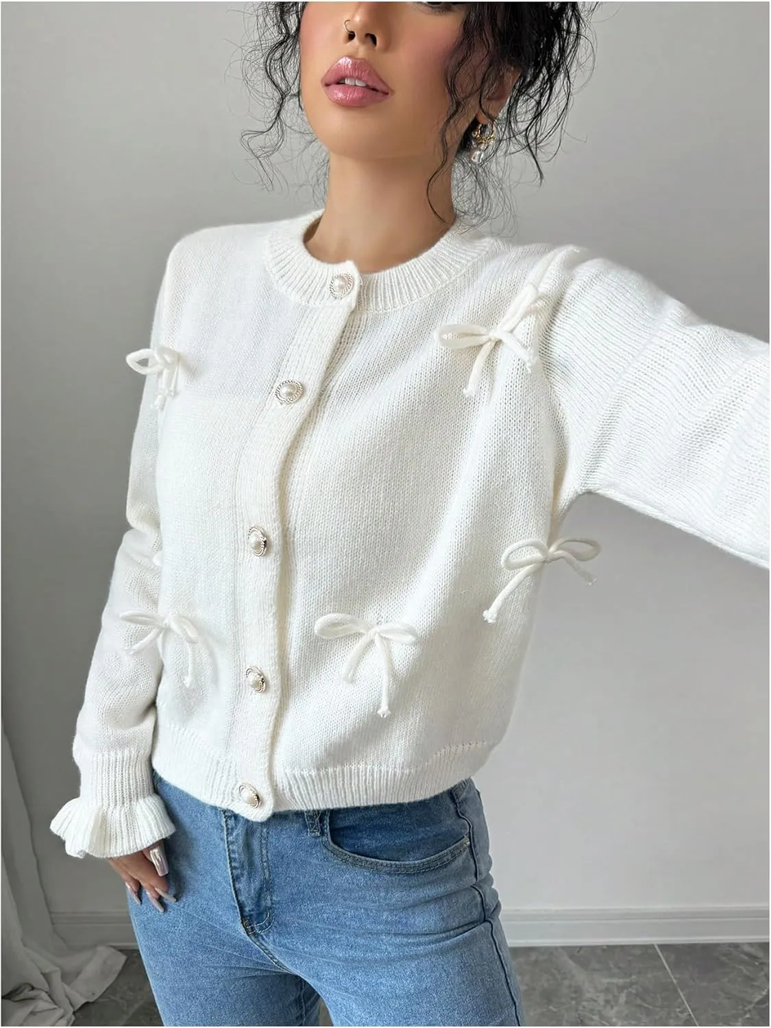 GORGLITTER Women's Bow Knot Lightweight Cardigan Dressy Long Sleeve Knit Tops Casual Color Block Button Front Sweater
