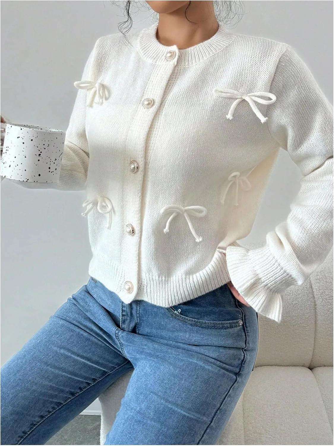 GORGLITTER Women's Bow Knot Lightweight Cardigan Dressy Long Sleeve Knit Tops Casual Color Block Button Front Sweater