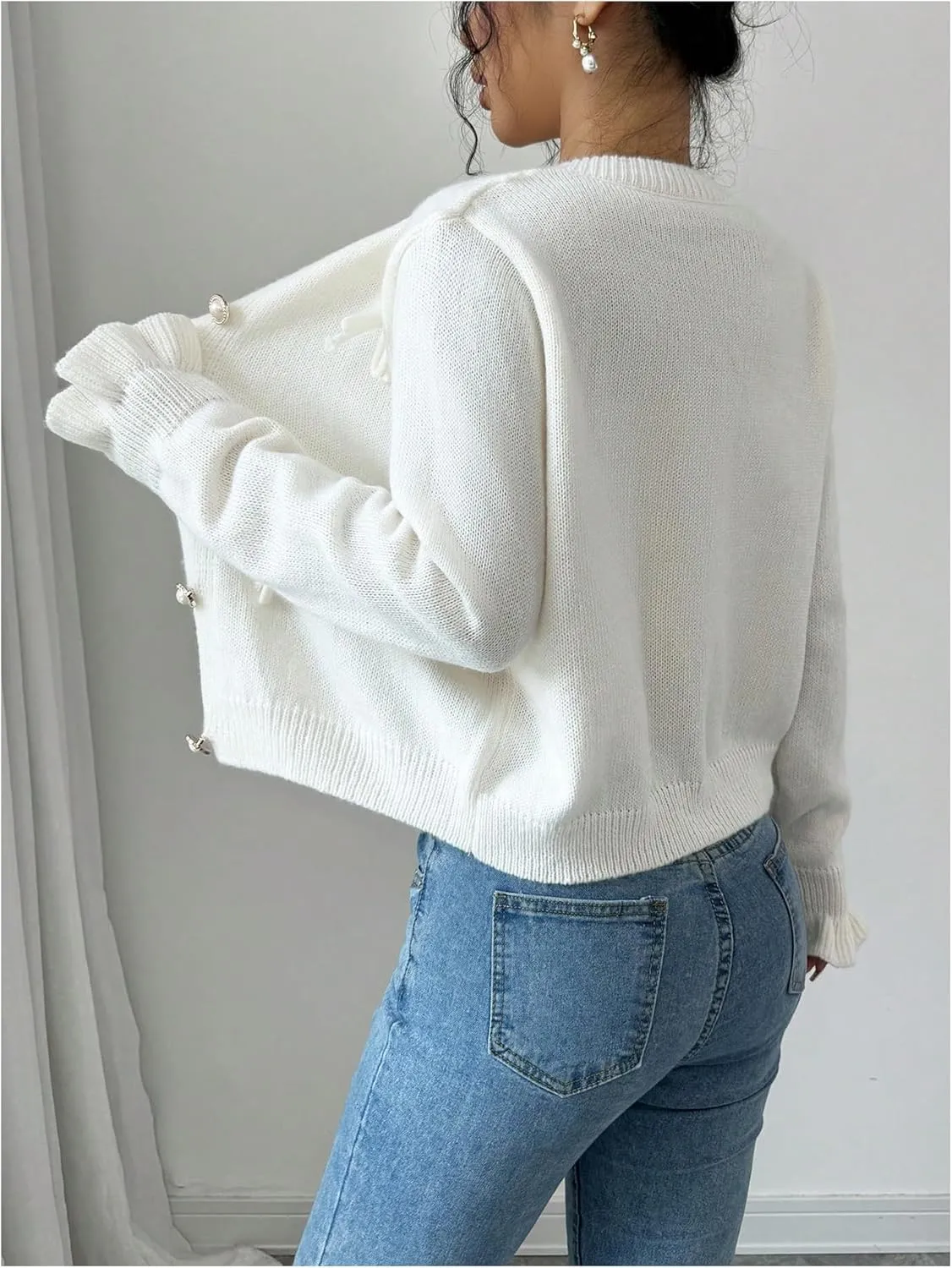 GORGLITTER Women's Bow Knot Lightweight Cardigan Dressy Long Sleeve Knit Tops Casual Color Block Button Front Sweater
