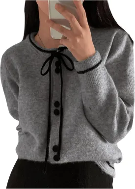 GORGLITTER Women's Bow Knot Lightweight Cardigan Dressy Long Sleeve Knit Tops Casual Color Block Button Front Sweater