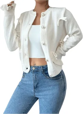 GORGLITTER Women's Bow Knot Lightweight Cardigan Dressy Long Sleeve Knit Tops Casual Color Block Button Front Sweater