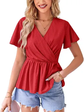 GRACE KARIN 2025 Womens Summer Tops Wrap V Neck Eyelet Top Ruffle Sleeve Peplum Casual T Shirts