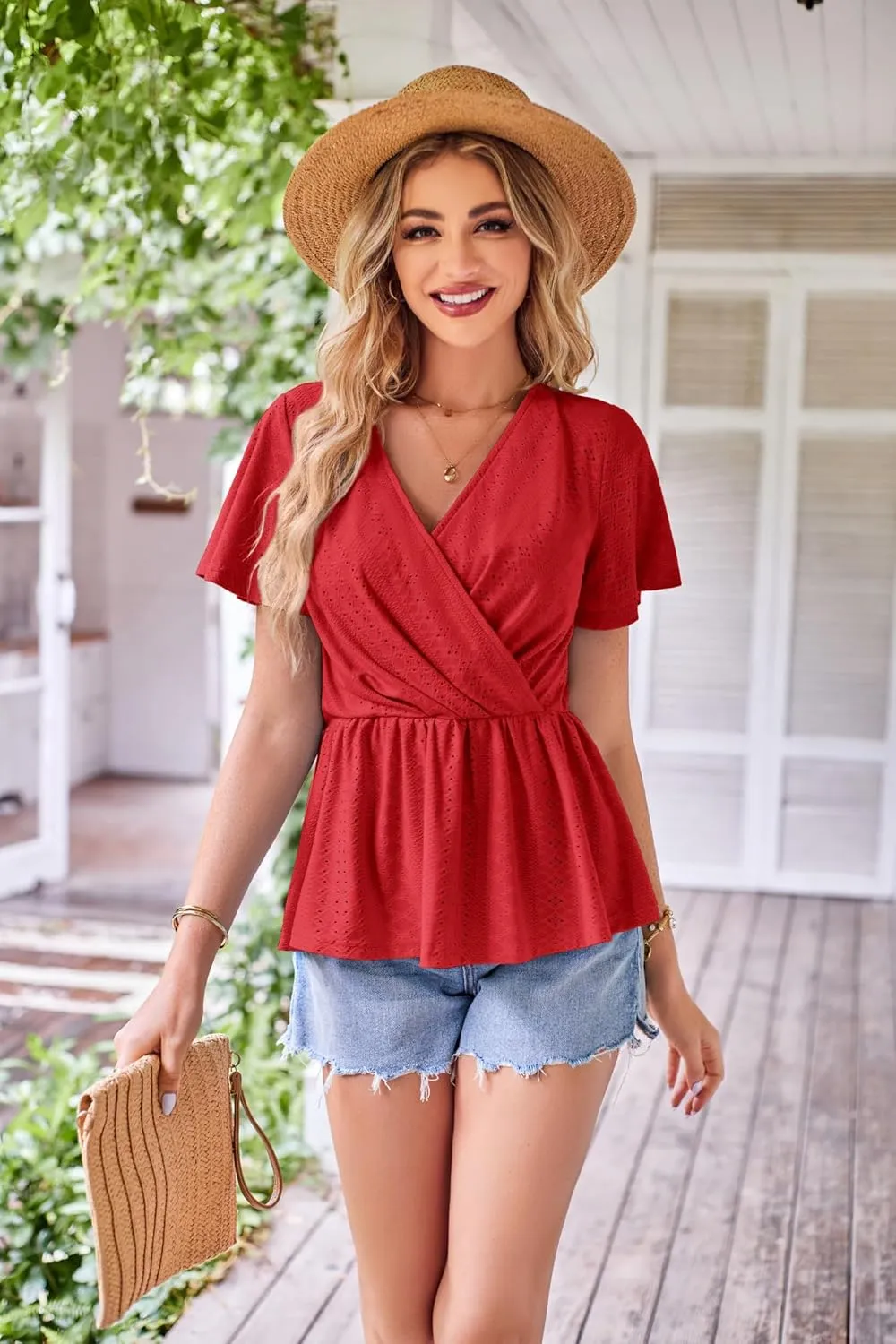 GRACE KARIN 2025 Womens Summer Tops Wrap V Neck Eyelet Top Ruffle Sleeve Peplum Casual T Shirts