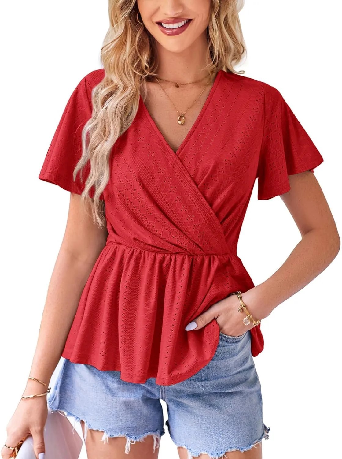 GRACE KARIN 2025 Womens Summer Tops Wrap V Neck Eyelet Top Ruffle Sleeve Peplum Casual T Shirts