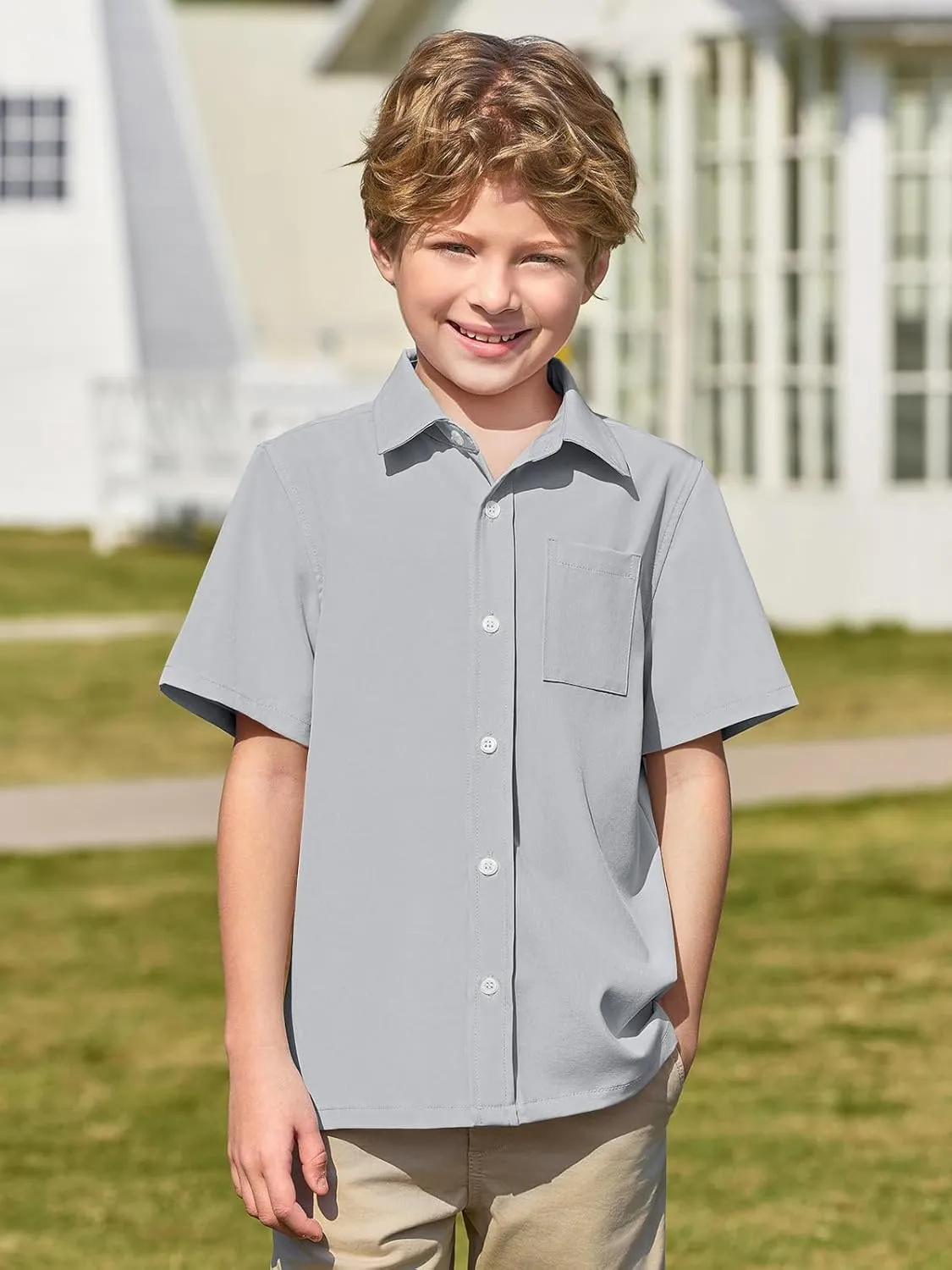 Haloumoning Boys Short Sleeve Button Down Shirt Kids Dress Shirts Formal Uniform Shirt with Pocket 5-14 Years