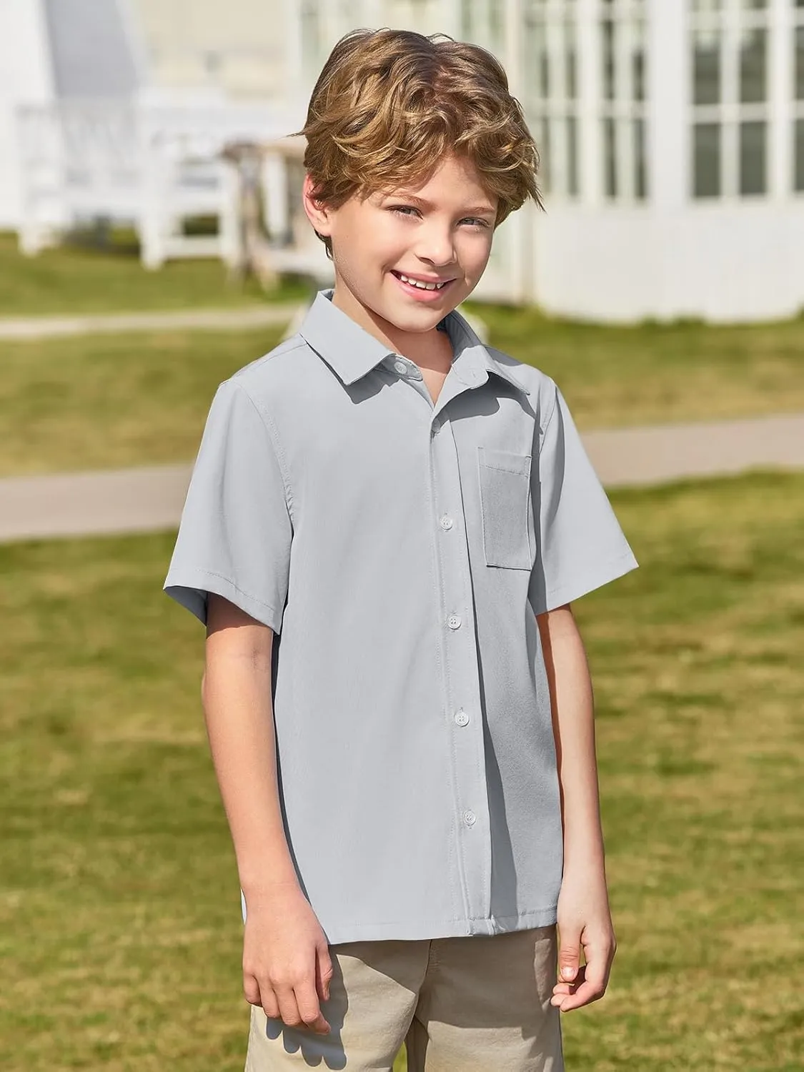 Haloumoning Boys Short Sleeve Button Down Shirt Kids Dress Shirts Formal Uniform Shirt with Pocket 5-14 Years
