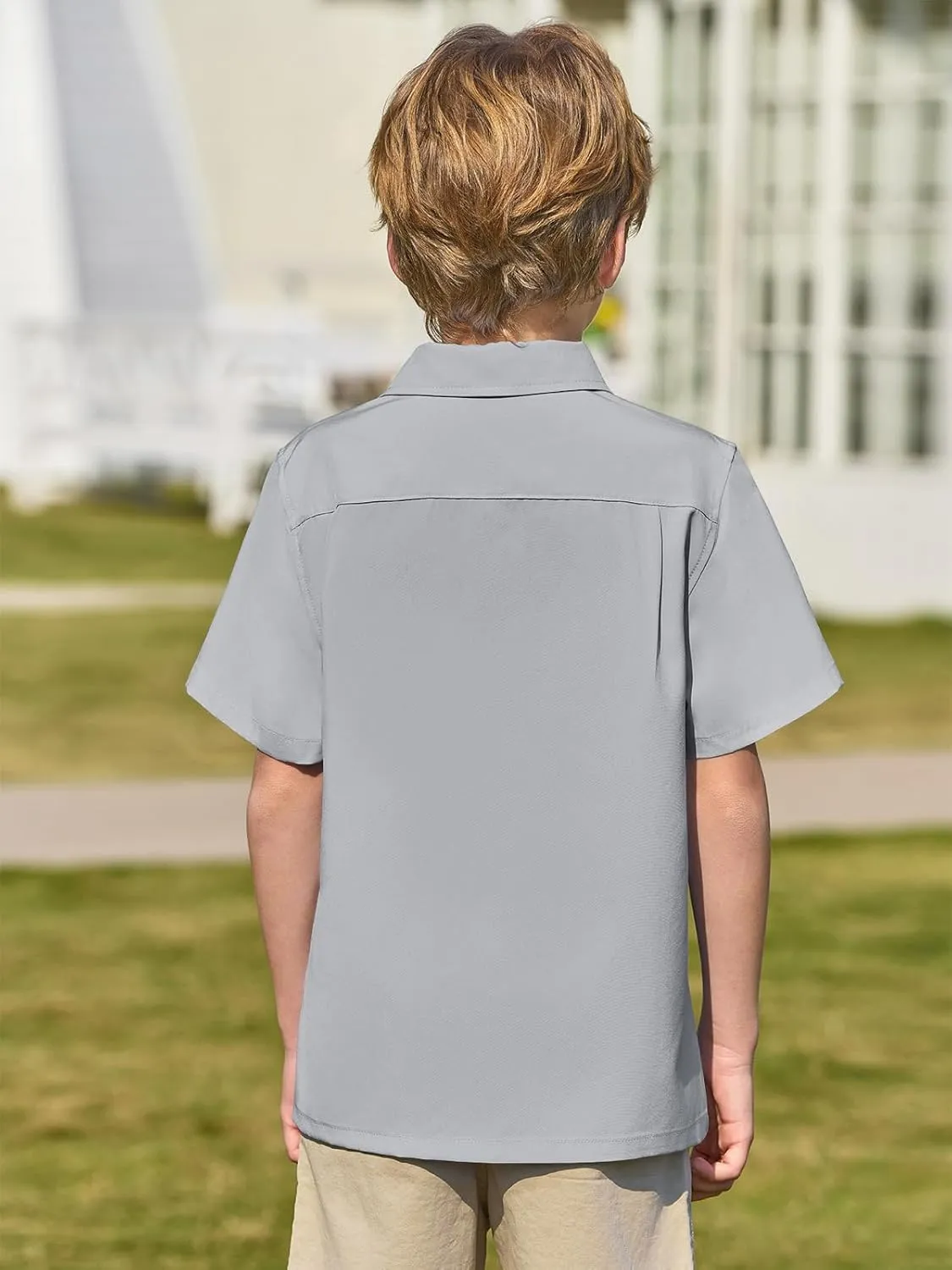 Haloumoning Boys Short Sleeve Button Down Shirt Kids Dress Shirts Formal Uniform Shirt with Pocket 5-14 Years