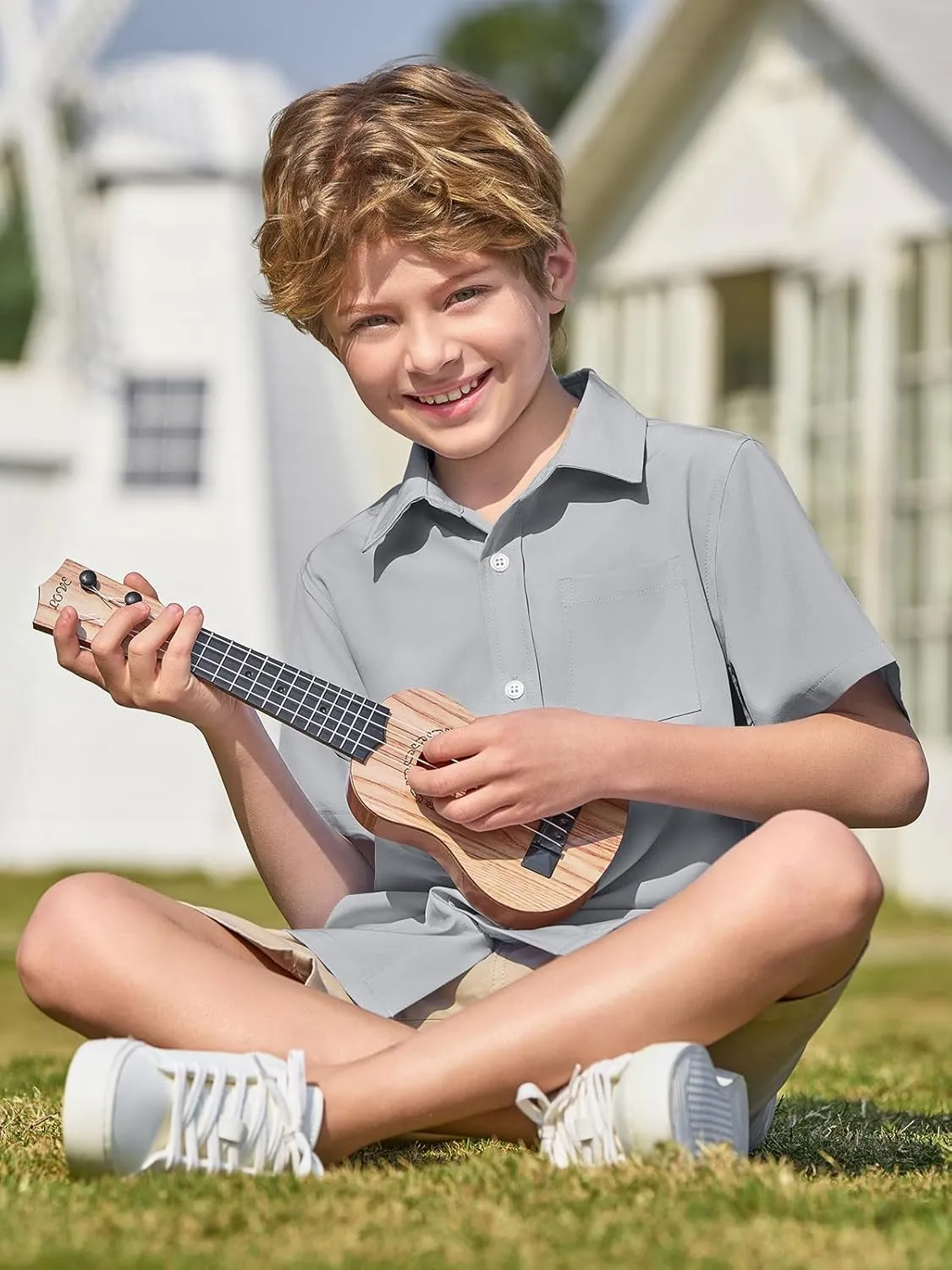 Haloumoning Boys Short Sleeve Button Down Shirt Kids Dress Shirts Formal Uniform Shirt with Pocket 5-14 Years