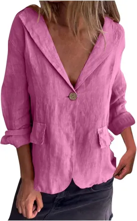 HGps8w Cotton Linen Blazer for Women 3/4 Sleeve Lightweight Breathable Casual One Button Suit Jacket