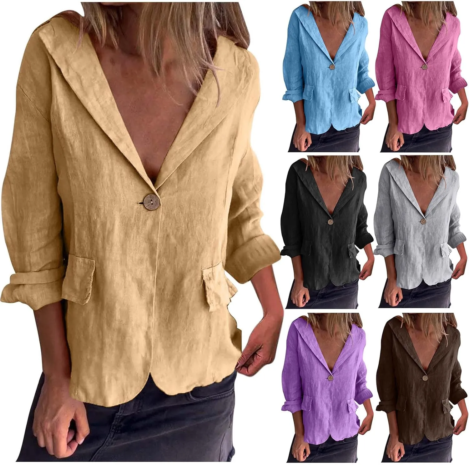 HGps8w Cotton Linen Blazer for Women 3/4 Sleeve Lightweight Breathable Casual One Button Suit Jacket