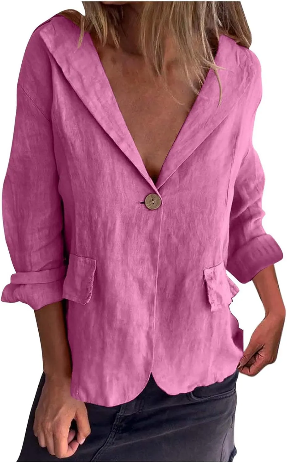 HGps8w Cotton Linen Blazer for Women 3/4 Sleeve Lightweight Breathable Casual One Button Suit Jacket