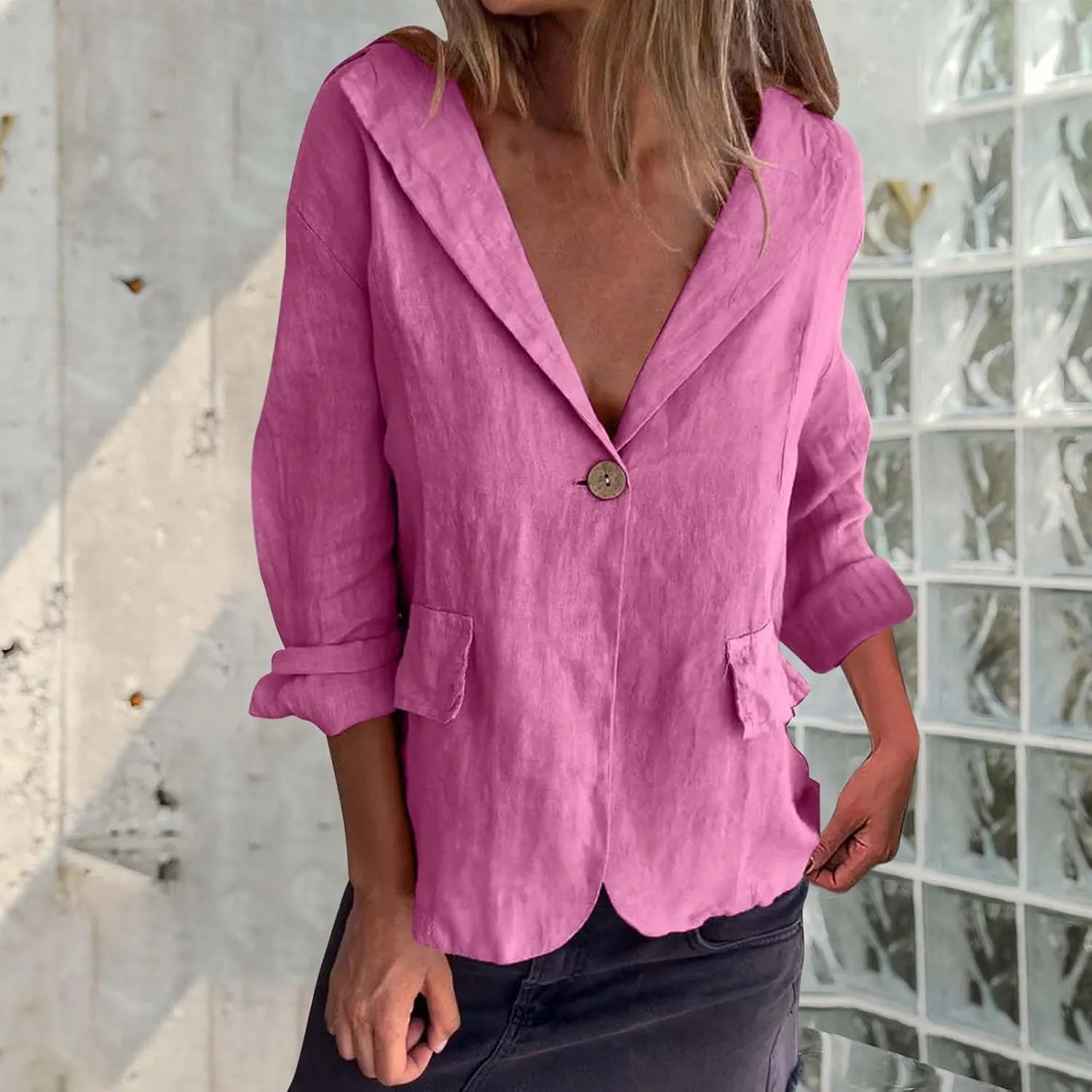 HGps8w Cotton Linen Blazer for Women 3/4 Sleeve Lightweight Breathable Casual One Button Suit Jacket