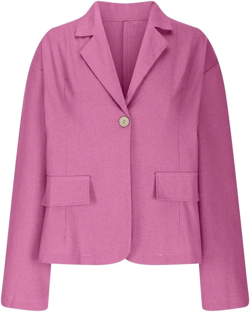 HGps8w Cotton Linen Blazer for Women 3/4 Sleeve Lightweight Breathable Casual One Button Suit Jacket