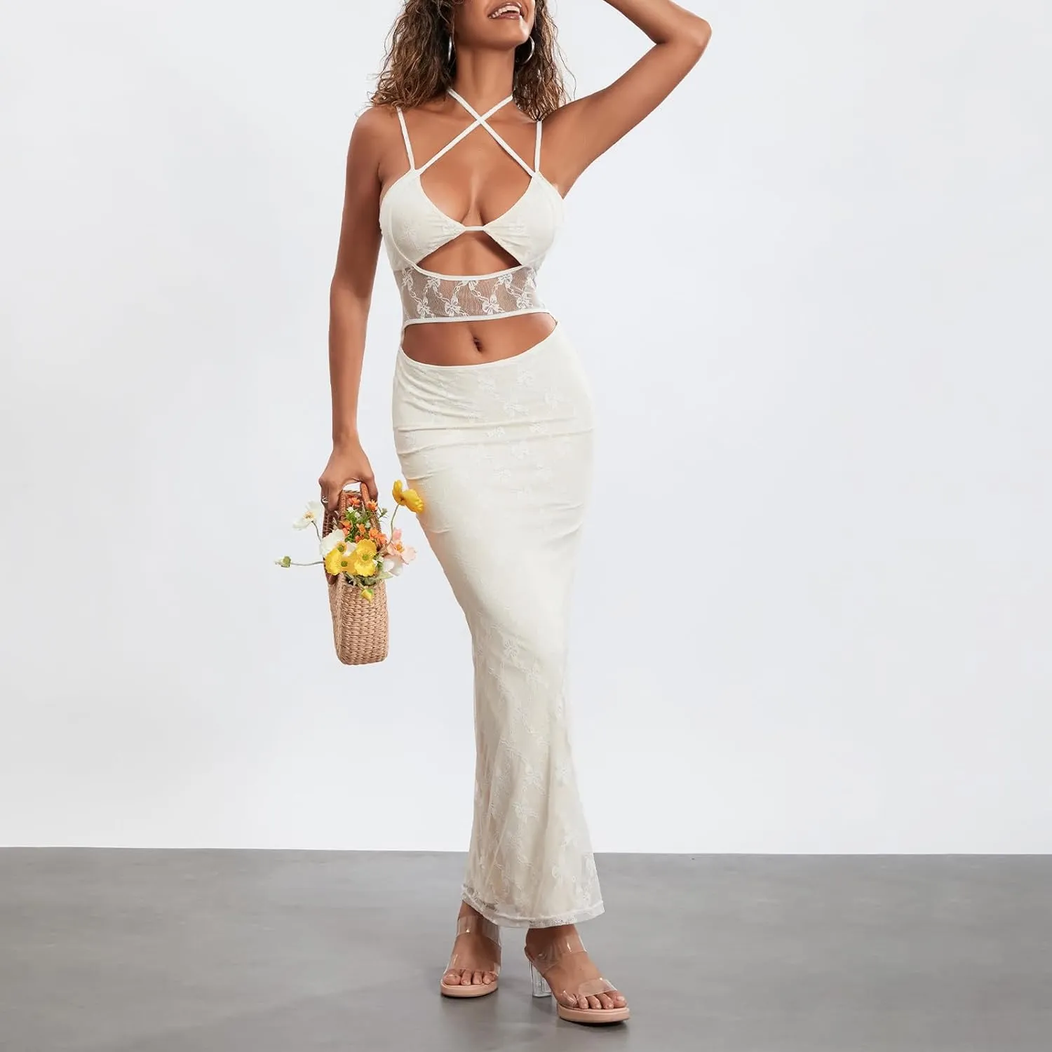IMISSILLEB Women Backless Bodycon Maxi Dress Spaghetti Straps Floral Lace Slip Long Dress 2024 Elegant Cocktail Dress