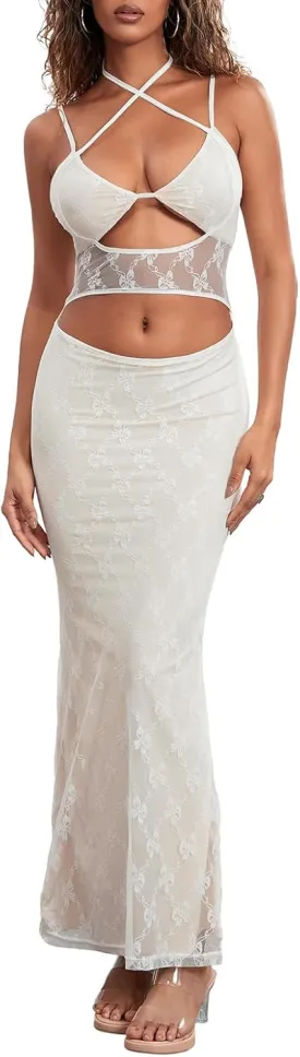 IMISSILLEB Women Backless Bodycon Maxi Dress Spaghetti Straps Floral Lace Slip Long Dress 2024 Elegant Cocktail Dress