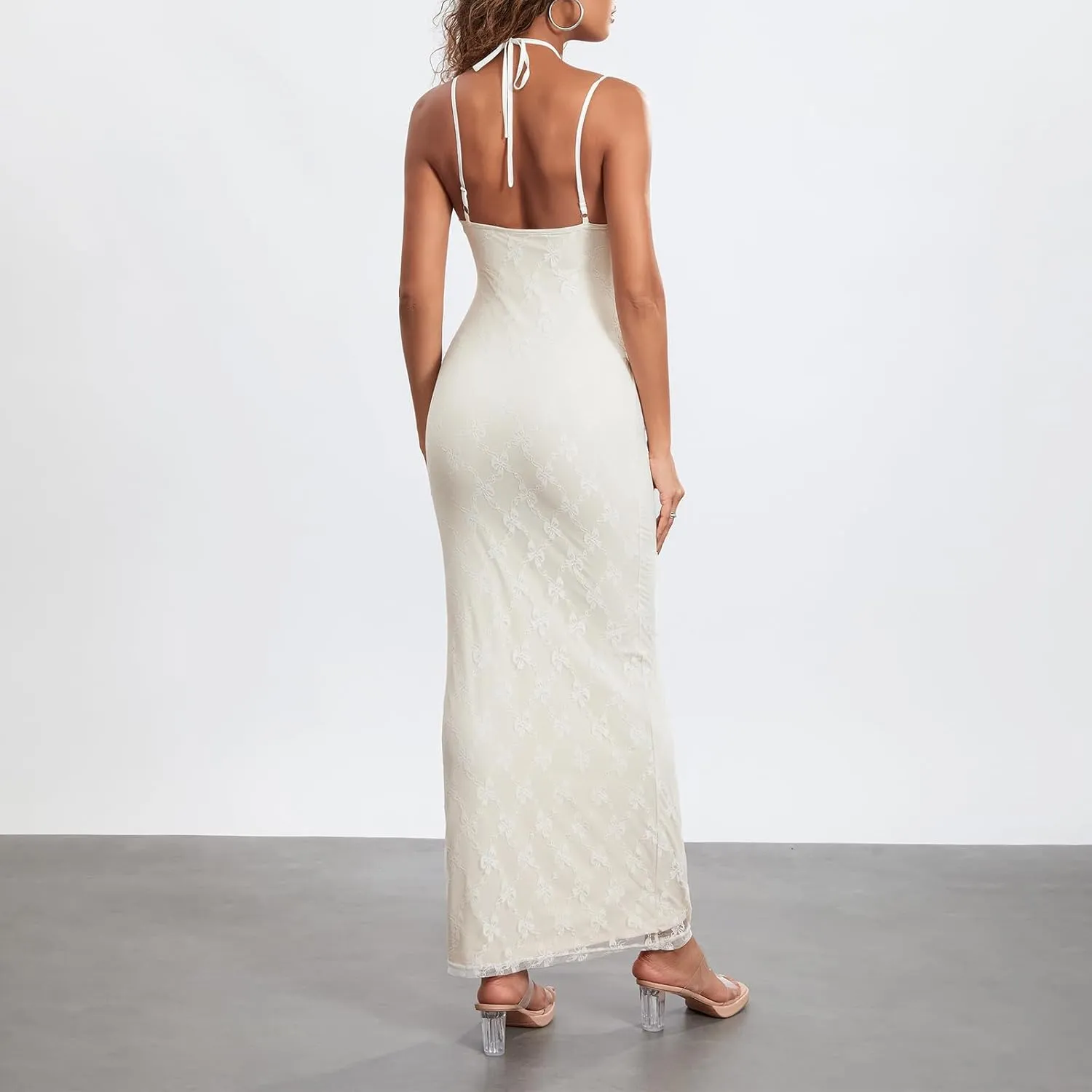 IMISSILLEB Women Backless Bodycon Maxi Dress Spaghetti Straps Floral Lace Slip Long Dress 2024 Elegant Cocktail Dress