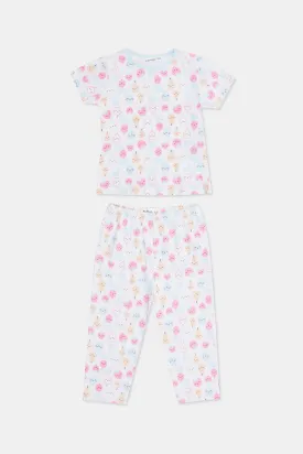 Infant Girls White And Blue Printed Pyjama Set (4 Piece)