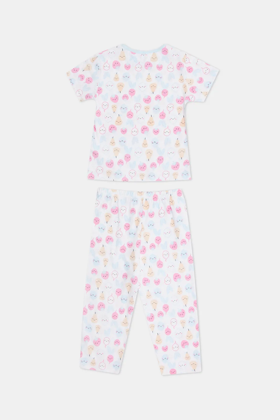 Infant Girls White And Blue Printed Pyjama Set (4 Piece)