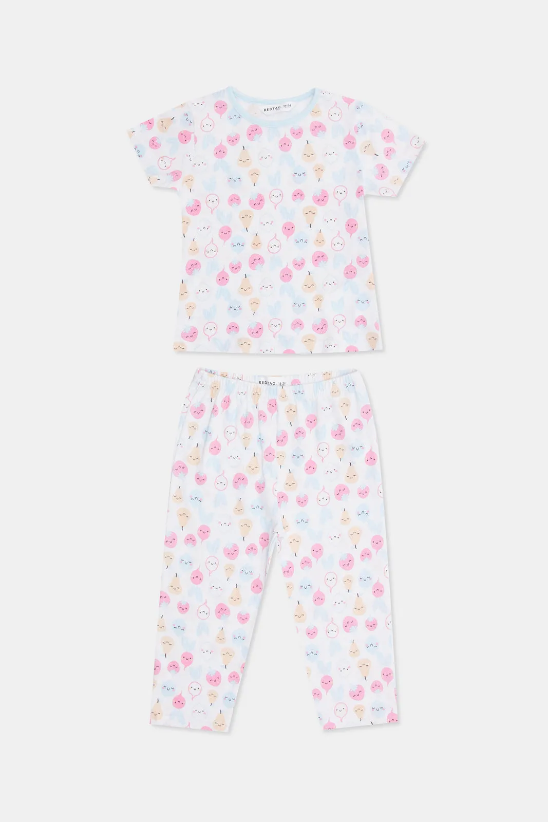 Infant Girls White And Blue Printed Pyjama Set (4 Piece)