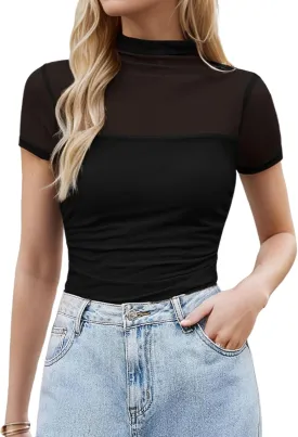 Jenbou Mesh Top Women Mock Turtleneck Short Sleeve Tops Ruched Sexy Going Out Outfit Shirts