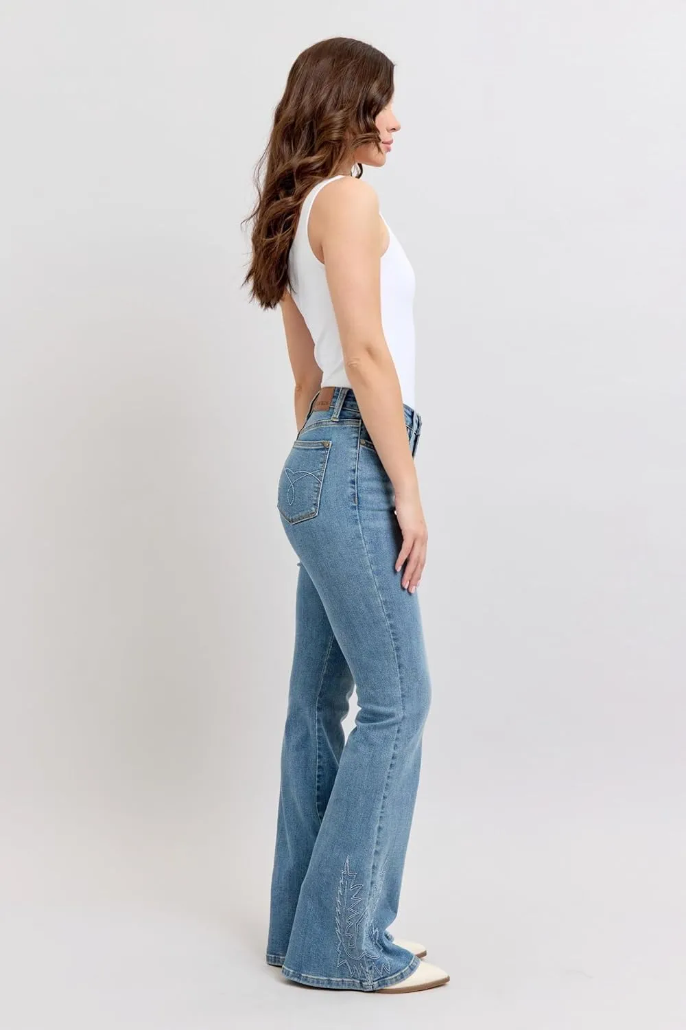 Judy Blue High-Waisted Western Embroidery Flare Jeans  Stretch Denim, Boho-Inspired, Classic Fit Jeans -88606