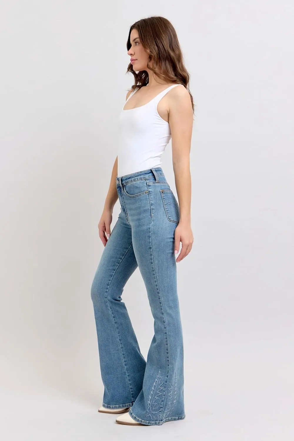 Judy Blue High-Waisted Western Embroidery Flare Jeans  Stretch Denim, Boho-Inspired, Classic Fit Jeans -88606