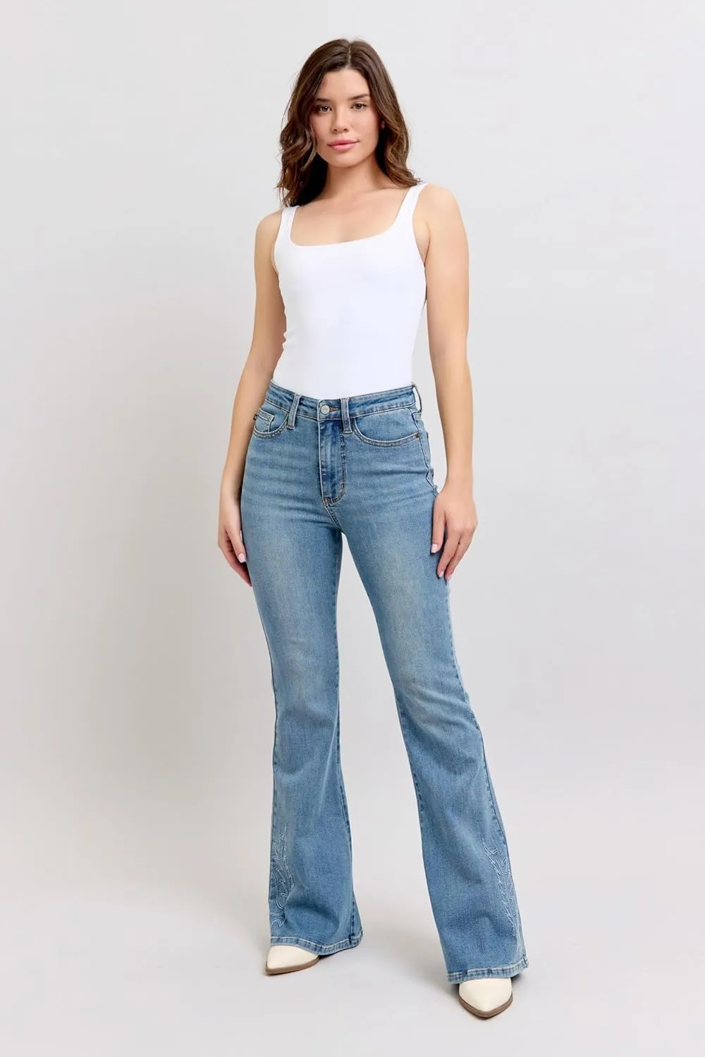 Judy Blue High-Waisted Western Embroidery Flare Jeans  Stretch Denim, Boho-Inspired, Classic Fit Jeans -88606