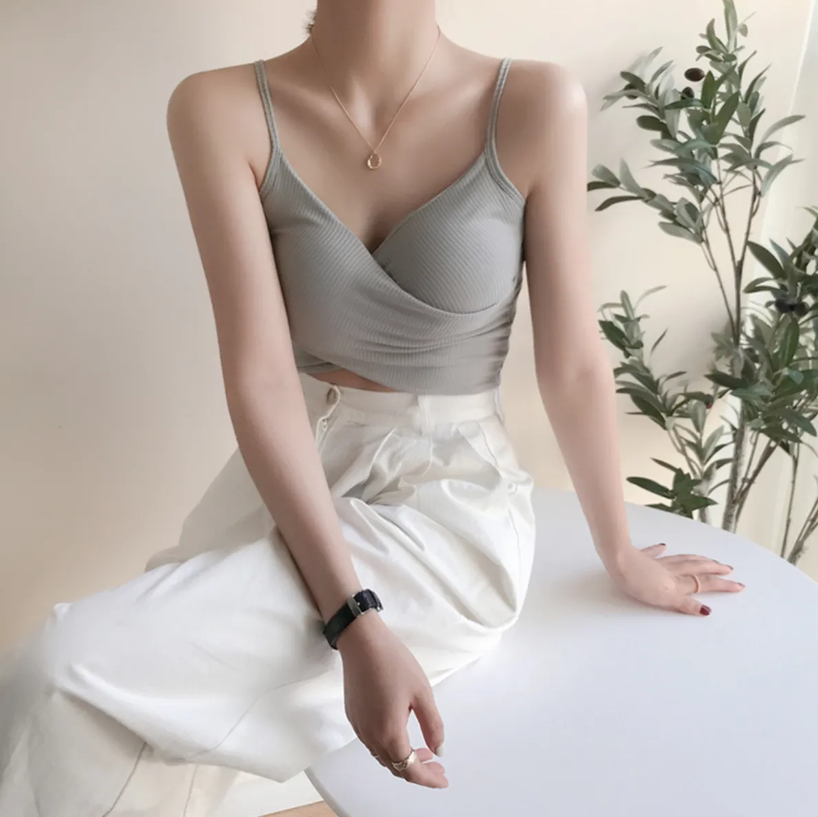 [Korean Style] Cerise Cotton Wrap Cropped Camis