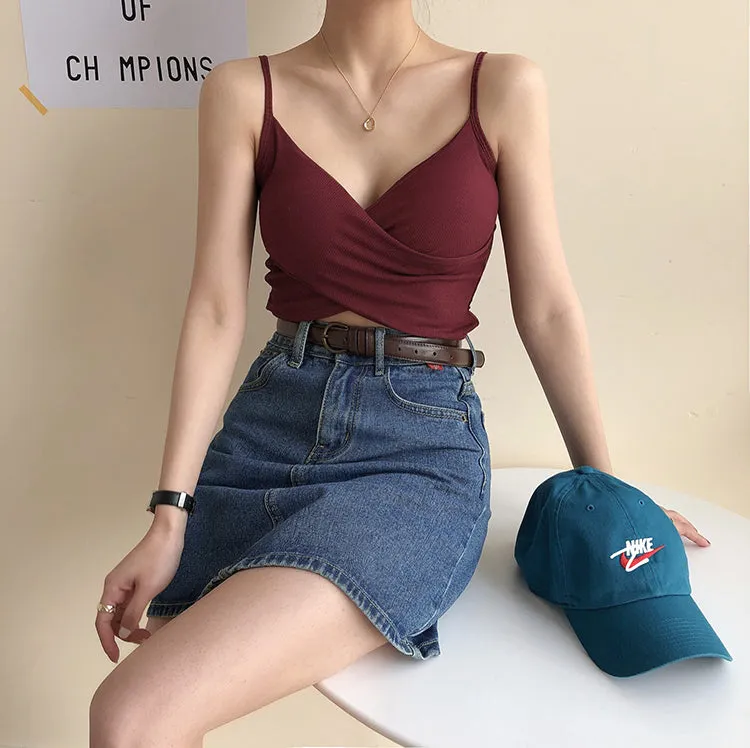 [Korean Style] Cerise Cotton Wrap Cropped Camis